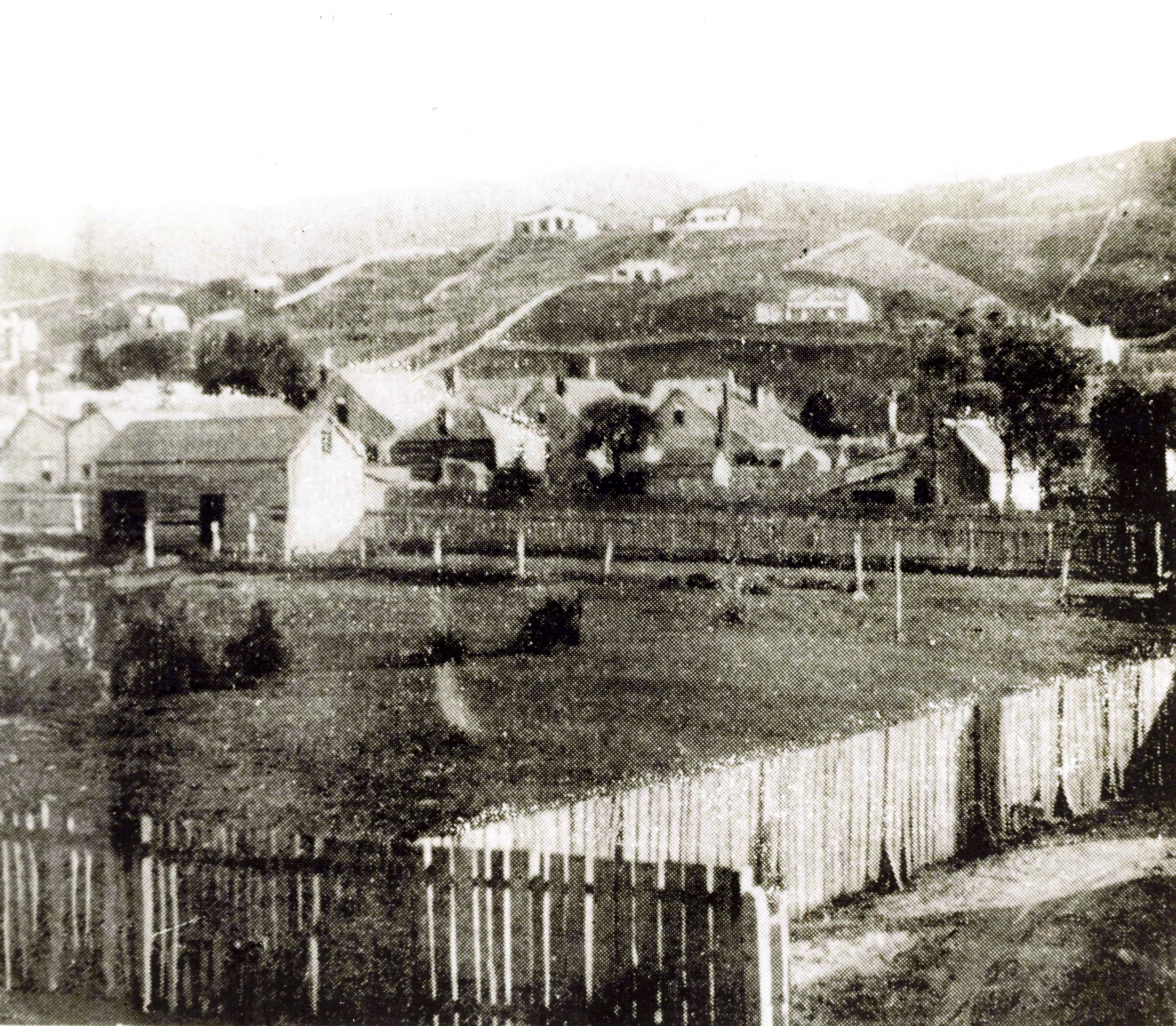 Small paddock with basic wooden dwellings.